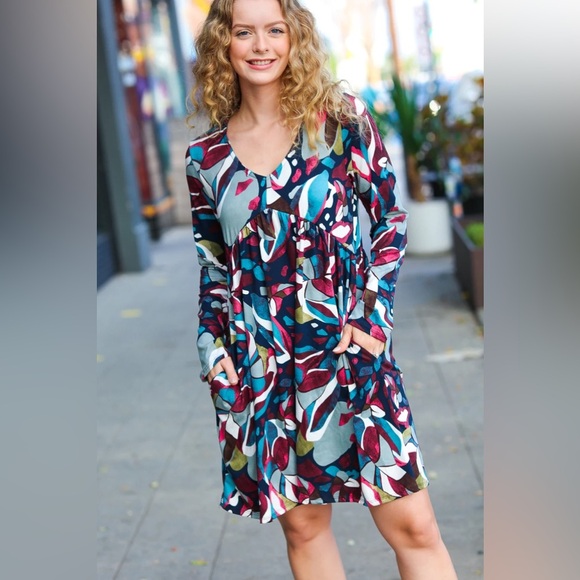 Bedazzle In Navy & Plum Abstract Print Side Pocket Dress - Picture 2 of 16